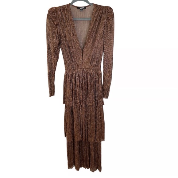 Sabina Musayev Metallic Brown Tiered Midi Dress — Long Sleeve V-Neck, Elegant - Picture 4 of 6